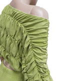 MB FASHION Ruched Off-Shoulder Top & High-Waist Flared Pants Set 9532