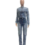 MB FASHION Two-Piece Zip-Up Denim Jacket and High-Waist Jeans Set 8196