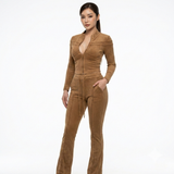 MB FASHION Women’s Ribbed Two-Piece Lounge Set - Long Sleeve Zip Crop Top & High Waist Flared Pants 8199