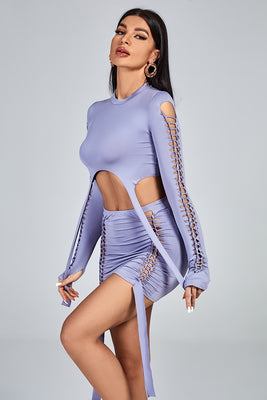 MB FASHION Cutout Lace-Up Long-Sleeve Ruched Mini Dress 9437AT