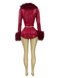 MB FASHION Faux-Fur Trim Cropped Jacket and Shorts Set 5073