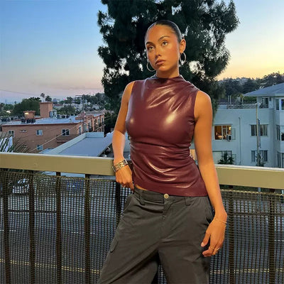 MB FASHION Sleeveless Asymmetrical Faux Leather Top 298