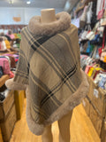 Every Fashion Plaid Faux Fur Trim Poncho with Elegant Drape