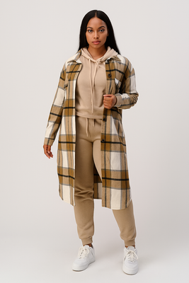 MB FASHION Long Plaid Flannel Shirt Dress COAT 6525
