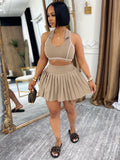 MB FASHION Sleeveless Halter Crop Top & Pleated Mini Skirt Two-Piece Set 6025