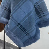 Every Fashion Plaid Faux Fur Trim Poncho with Elegant Drape