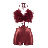 MB FASHION Fuzzy Halter Cutout Romper 306