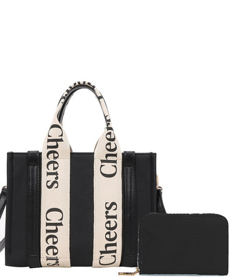 EVERY FASHION Structured Tote Bag with “Cheers” Strap Detailing and Matching Wallet