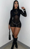 MB FASHION Sexy Black Sheer Long Sleeve Bodysuit Romper 1475