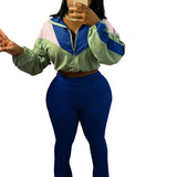 EVERY FASHION Color-Block Cropped Jacket and High-Waist Flare Pants Set MB 4060LY