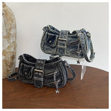 EVERY FASHION Distressed Denim Multi-Pocket Shoulder Bag with Hardware Details