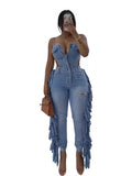 MB FASHION Denim Fringe Jumpsuit – Corset Cutout Spaghetti Strap Distressed 8206