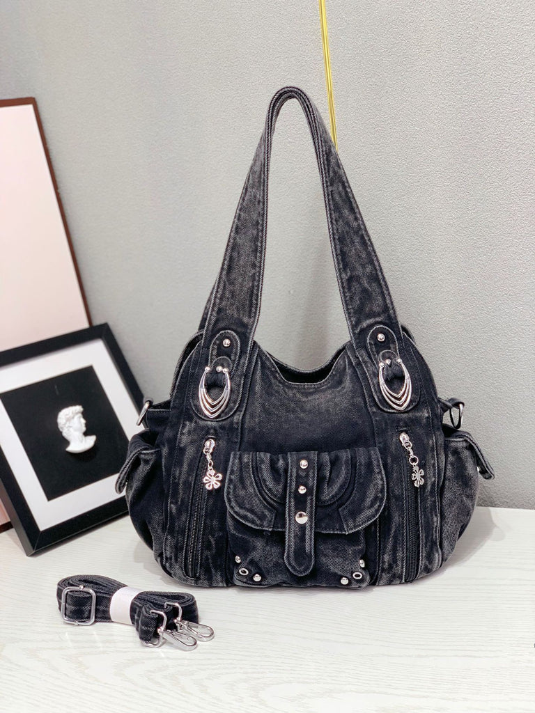EVERY FASHION Large Washed Denim Hobo Bag