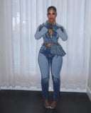 MB FASHION Two-Piece Zip-Up Denim Jacket and High-Waist Jeans Set 8196