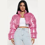 MB FASHION Glossy Cropped Puffer Jacket with High Collar 3754LY