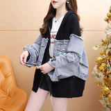 MB FASHION Oversized Knit & Denim Patchwork Hoodie Jacket – Streetwear Chic 8005LY