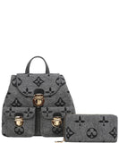 EVERY FASHION Patterned Backpack with Matching Wallet Set 3C1-1140W