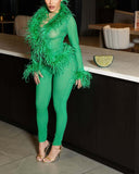 MB FASHION Feather Trim Sheer Jumpsuit Set 65