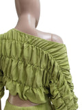 MB FASHION Ruched Off-Shoulder Top & High-Waist Flared Pants Set 9532