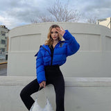 MB FASHION Letter Patch Cropped Puffer Jacket with Fleece Collar 392