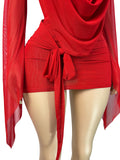 MB FASHION Deep V Plunging Neckline Long Sleeve Draped Mini Skirt Set 6101