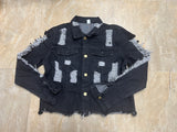 EVERY FASHION (ASIAN SIZED) Distressed Cropped Denim Jacket with Raw Hem 911