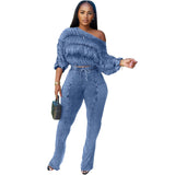 MB FASHION Ruched Off-Shoulder Top & High-Waist Flared Pants Set 9532