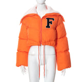 MB FASHION Letter Patch Cropped Puffer Jacket with Fleece Collar 392