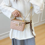 Every Fashion Quilted Patent Box Handbag with Top Handle and Chain Strap