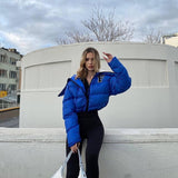 MB FASHION Letter Patch Cropped Puffer Jacket with Fleece Collar 392