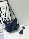 EVERY FASHION Denim Ruffle Bag – Upcycled Jean Shoulder Bag with Rhinestone Glasses Charm
