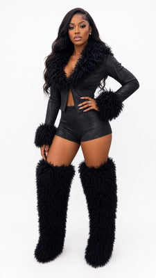 MB FASHION Faux-Fur Trim Cropped Jacket and Shorts Set 5073