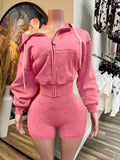 MB FASHION Zip-Up Cropped Hoodie & High-Waisted Biker Shorts Matching Set 6081
