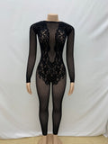 MB FASHION Long Sleeve Sheer Mesh Lace Detail Jumpsuit 011