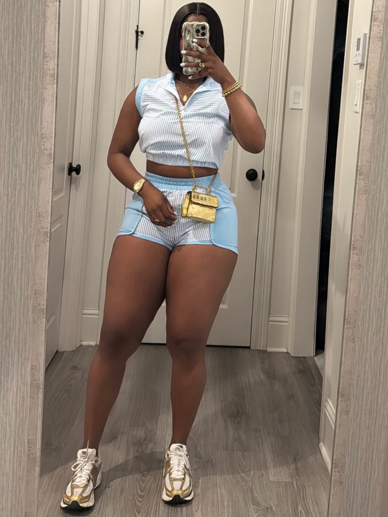 Every Fashion Sleeveless Cropped Polo Top & Matching Shorts Two-Piece Set 6026