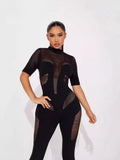 MB FASHION Mesh Panel Jumpsuit - Mock Neck Bodysuit 2273