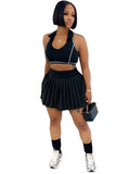 MB FASHION Sleeveless Halter Crop Top & Pleated Mini Skirt Two-Piece Set 6025