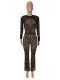 MB FASHION Two-Piece Sheer Animal Print Top and Flared Pants Set 9729