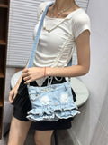 EVERY FASHION Denim Ruffle Bag – Upcycled Jean Shoulder Bag with Rhinestone Glasses Charm