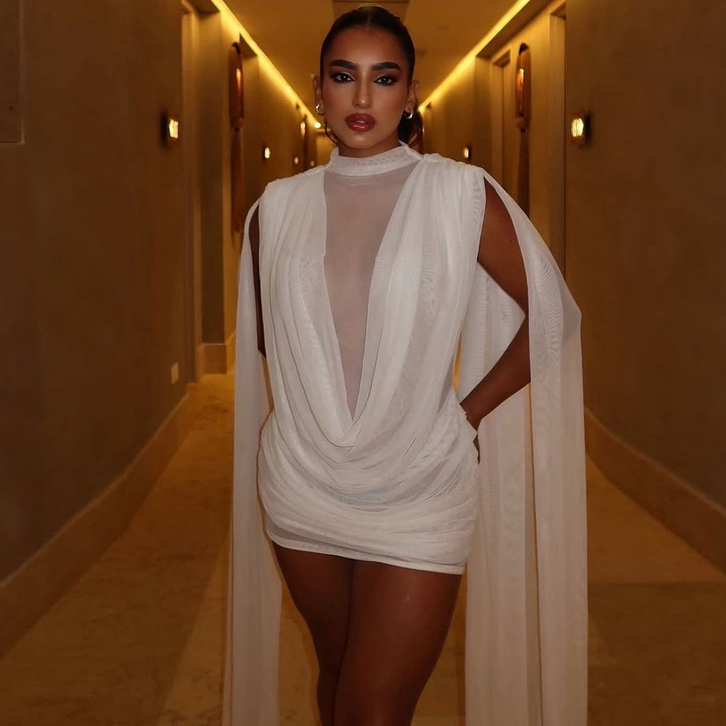 MB FASHION Draped Mesh Mini Dress with Cape Sleeves 1160