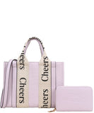 EVERY FASHION Structured Tote Bag with “Cheers” Strap Detailing and Matching Wallet