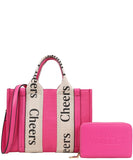 EVERY FASHION Structured Tote Bag with “Cheers” Strap Detailing and Matching Wallet