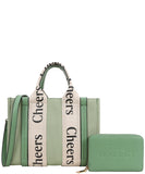 EVERY FASHION Structured Tote Bag with “Cheers” Strap Detailing and Matching Wallet