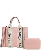 EVERY FASHION Structured Tote Bag with “Cheers” Strap Detailing and Matching Wallet