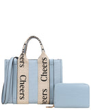 EVERY FASHION Structured Tote Bag with “Cheers” Strap Detailing and Matching Wallet