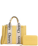 EVERY FASHION Structured Tote Bag with “Cheers” Strap Detailing and Matching Wallet