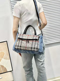 Every Fashion Denim Embellished Top-Handle Satchel with Plaid Front Pocket