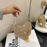 Every Fashion Heart-Shaped Rhinestone Evening Bag with Fringe Chain Detail