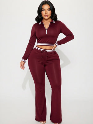 MB FASHION 2 Piece Lounge Set Cropped Zip Up Top Flare Pants Matching Tracksuit 5056