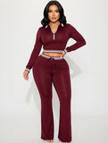 MB FASHION 2 Piece Lounge Set Cropped Zip Up Top Flare Pants Matching Tracksuit 5056